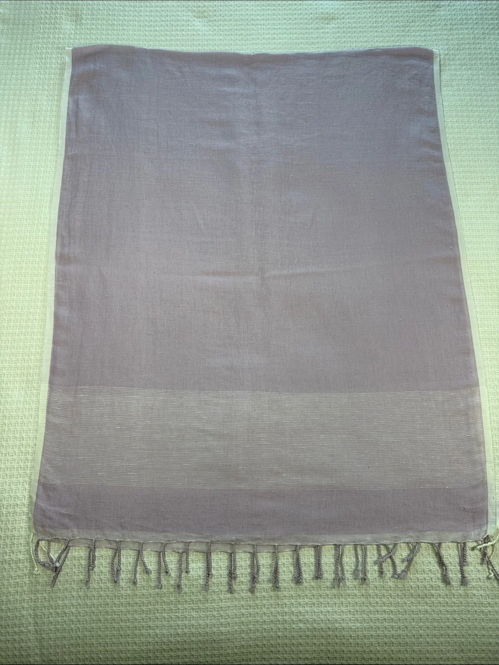 Lavender light purple, lilac linen scarf with white trim and fringe